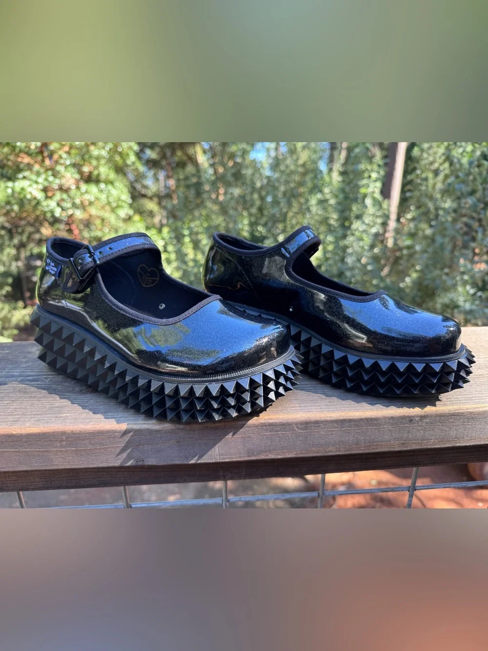 Choclaticas Black Cobra Patent Platform Mary Janes with Geometric Stud Sole